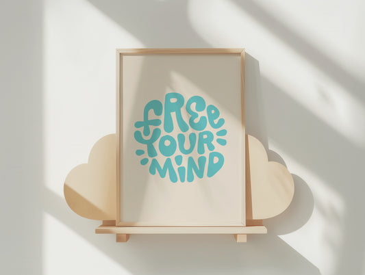 Free Your Mind Retro Teal Poster – Hand-Lettered Inspirational Art Print