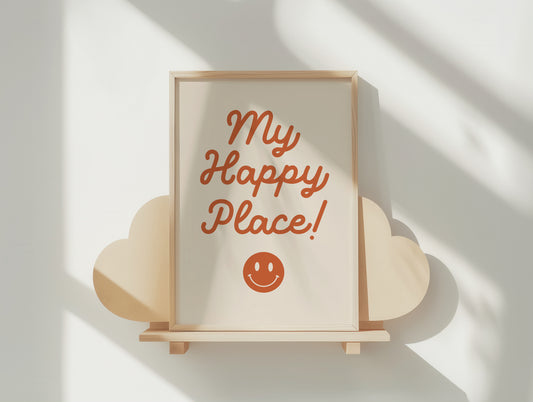 My Happy Place Retro Smiley Face Wall Art Poster – Terracotta & Cream Decor