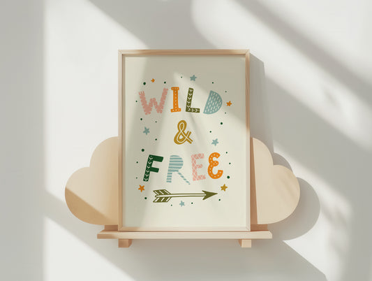 Wild & Free Boho Nursery Art Print - Hand-Lettered Whimsical Poster in Your Choice of Size