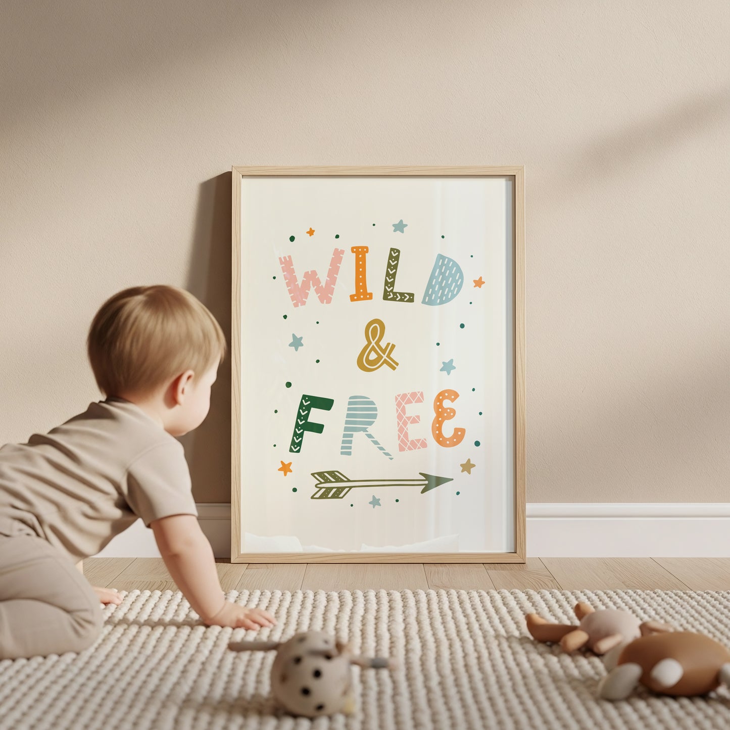 Wild & Free Boho Nursery Art Print - Hand-Lettered Whimsical Poster in Your Choice of Size