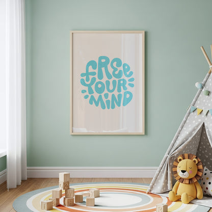 Free Your Mind Retro Teal Poster – Hand-Lettered Inspirational Art Print