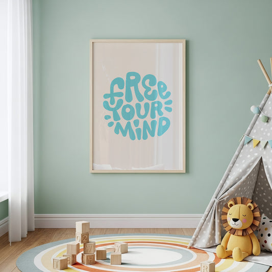 Free Your Mind Retro Teal Poster – Hand-Lettered Inspirational Art Print
