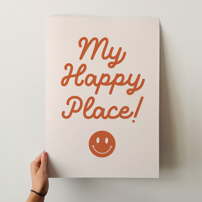 My Happy Place Retro Smiley Face Wall Art Poster – Terracotta & Cream Decor