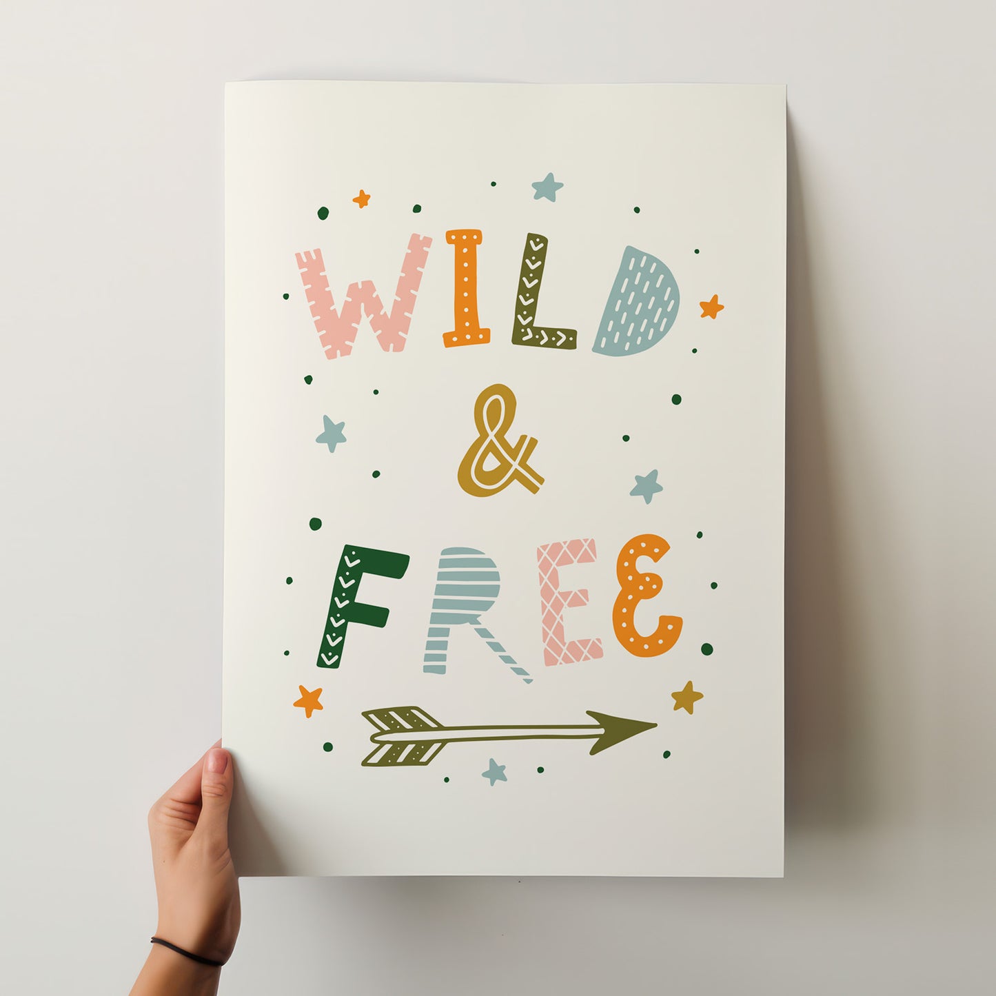 Wild & Free Boho Nursery Art Print - Hand-Lettered Whimsical Poster in Your Choice of Size