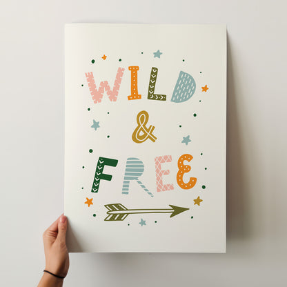 Wild & Free Boho Nursery Art Print - Hand-Lettered Whimsical Poster in Your Choice of Size