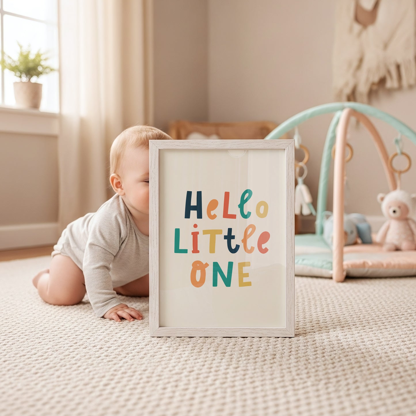 Hello Little One Nursery Poster - Vibrant Hand-Lettered Art Print for Baby's Room