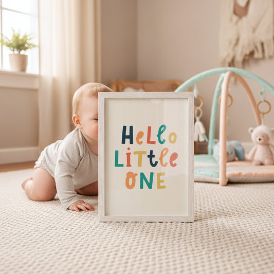 Hello Little One Nursery Poster - Vibrant Hand-Lettered Art Print for Baby's Room