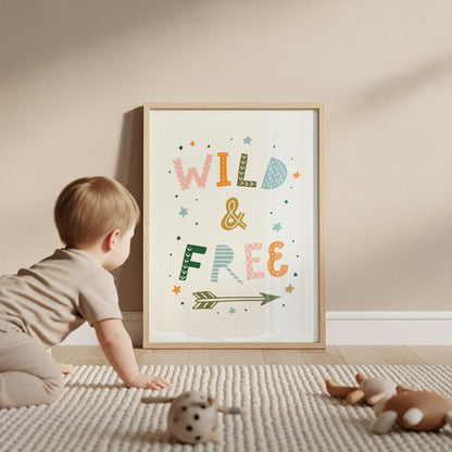 Wild & Free Boho Nursery Art Print - Hand-Lettered Whimsical Poster in Your Choice of Size