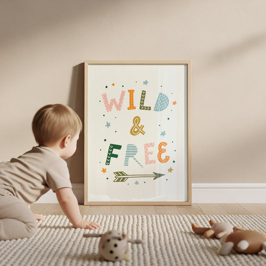 Wild & Free Boho Nursery Art Print - Hand-Lettered Whimsical Poster in Your Choice of Size